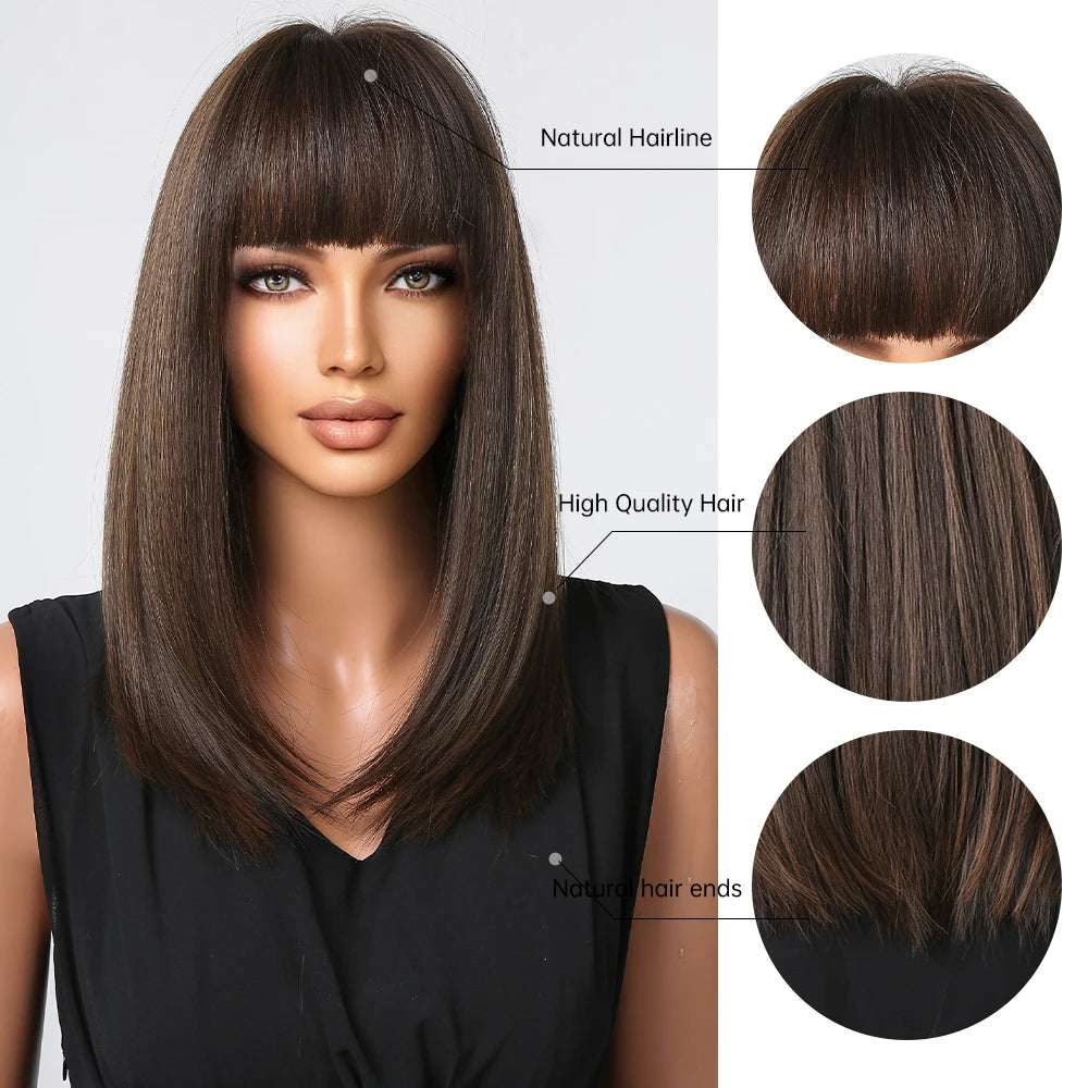 Medium-Length Synthetic Wig – Dark Brown