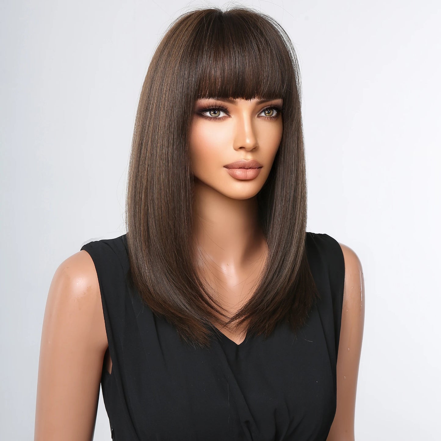 Medium-Length Synthetic Wig – Dark Brown