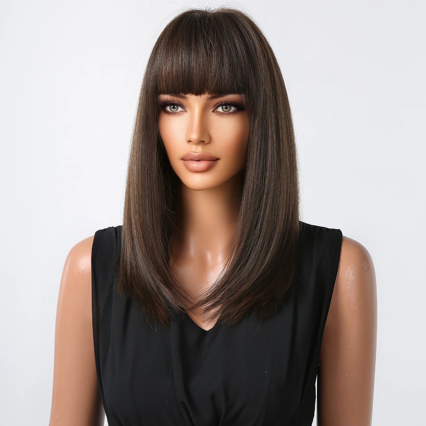 Medium-Length Synthetic Wig – Dark Brown