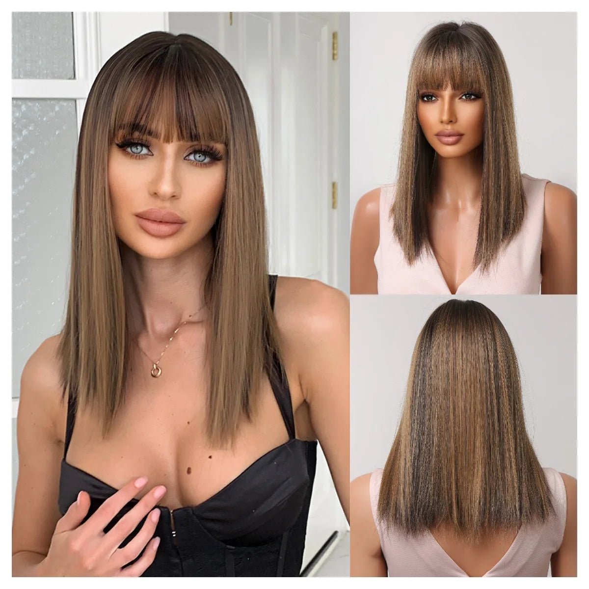 Medium-Length Synthetic Wig – Dark Brown