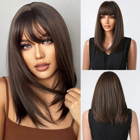 Medium-Length Synthetic Wig – Dark Brown