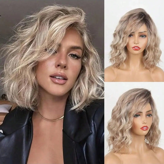 Short Blonde Curly Bob Wig with Bangs